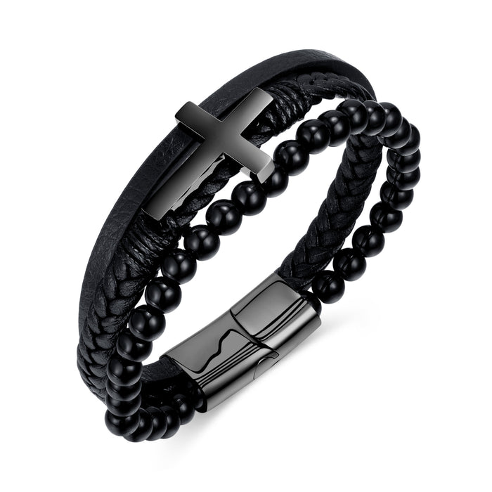 Titanium steel cross magnetic buckle personalized handmade multi-layer braided men's leather bracelet