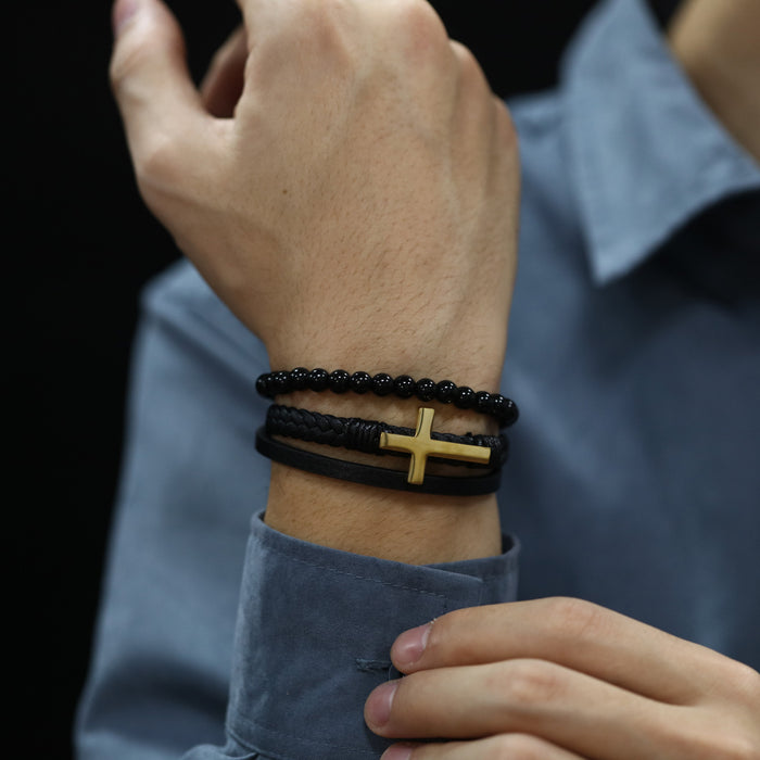 Titanium steel cross magnetic buckle personalized handmade multi-layer braided men's leather bracelet