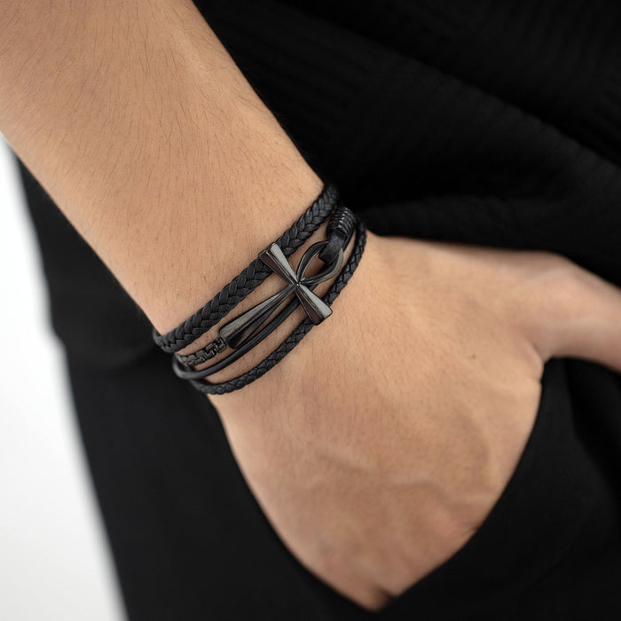 Personalized retro multi-layered woven leather bracelet cross stainless steel bracelet for men