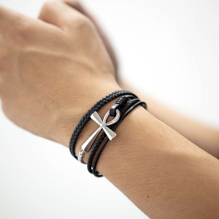 Personalized retro multi-layered woven leather bracelet cross stainless steel bracelet for men