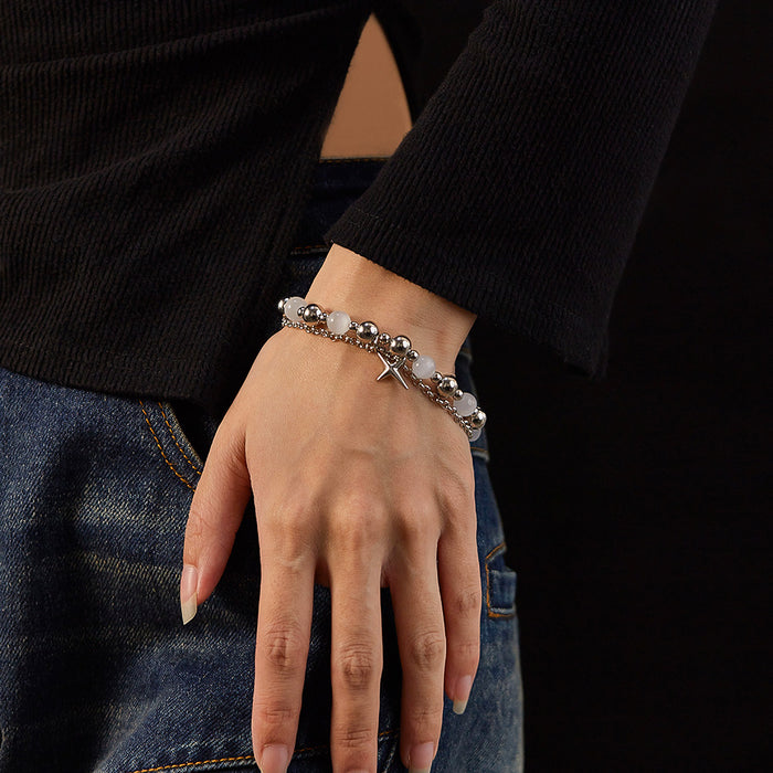 Fashionable design, stainless steel double-layer stacked cross pendant, cat's eye stone bracelet
