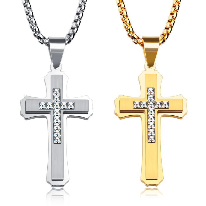 Cross necklace set with diamonds, long pendant, titanium steel domineering necklace, trendy decoration for boys