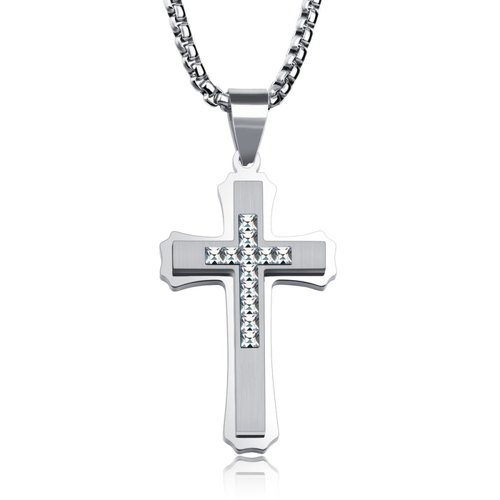 Cross necklace set with diamonds, long pendant, titanium steel domineering necklace, trendy decoration for boys