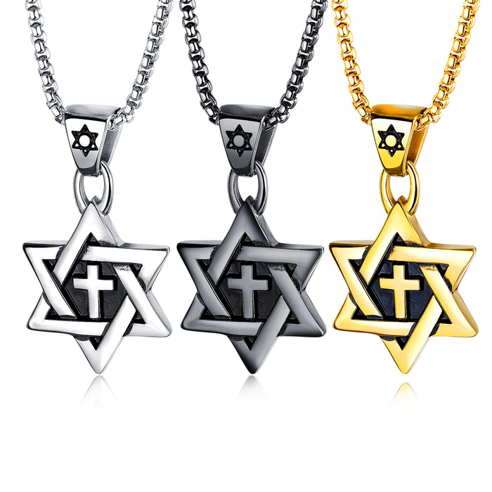 Men's cross necklace six-pointed star trendy men's titanium steel jewelry retro pendant pendant