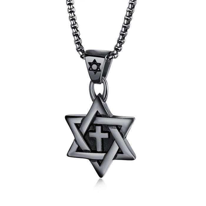 Men's cross necklace six-pointed star trendy men's titanium steel jewelry retro pendant pendant