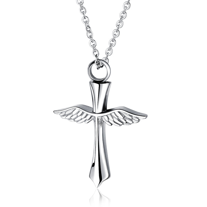European and American hot selling titanium steel necklace cross wings urn pendant men's pendant