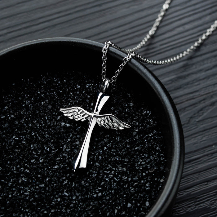 European and American hot selling titanium steel necklace cross wings urn pendant men's pendant