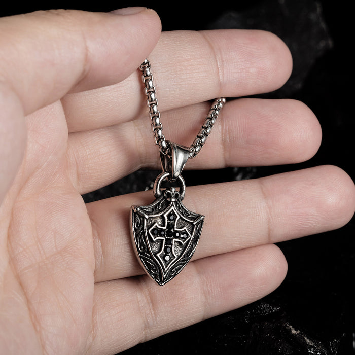 Hot-selling jewelry retro versatile Viking shield cross titanium steel necklace for men