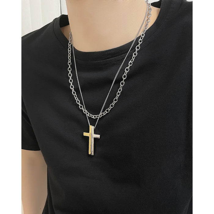 Minimalist stacked titanium steel cross personalized hip-hop style multi-layered stainless steel chain necklace