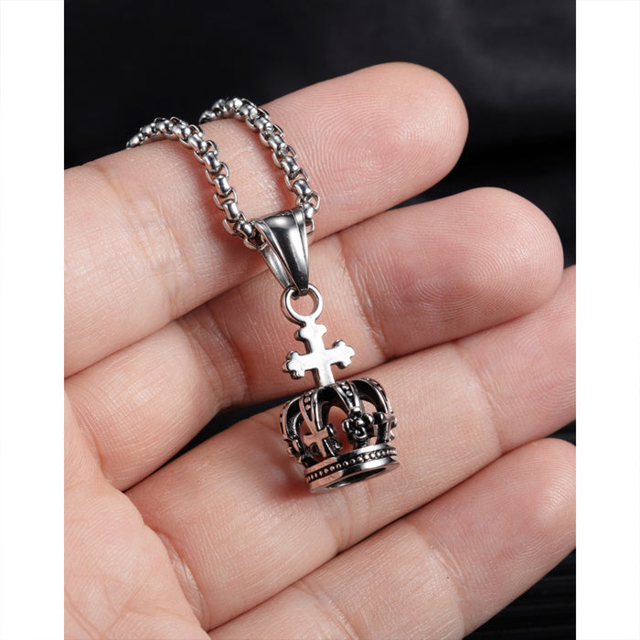 Simple retro cross pendant personalized street titanium steel crown necklace for men