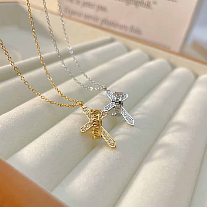 Light luxury new style hand-inlaid zircon cross versatile stainless steel crown necklace for women