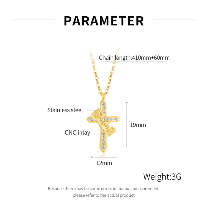 Light luxury new style hand-inlaid zircon cross versatile stainless steel crown necklace for women