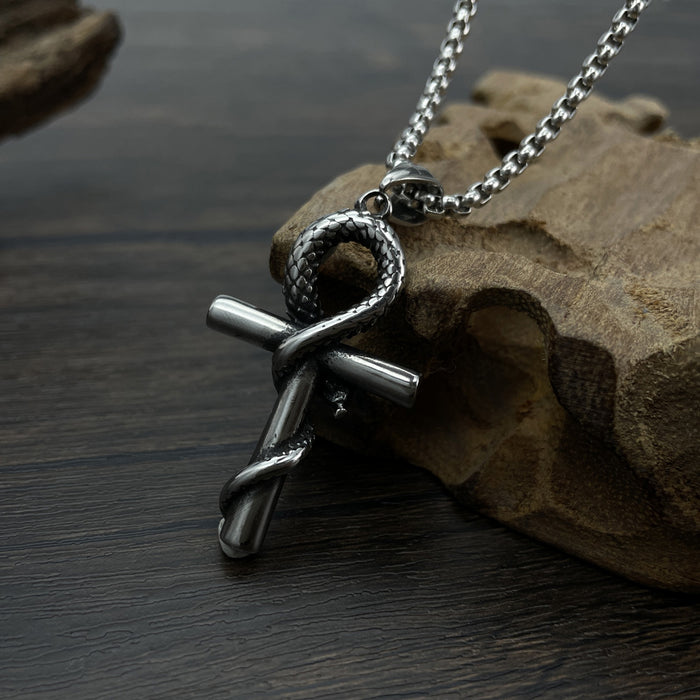 Retro trendy design mamba snake cross pendant personalized hip hop stainless steel necklace