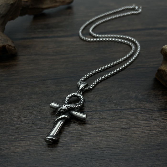 Retro trendy design mamba snake cross pendant personalized hip hop stainless steel necklace