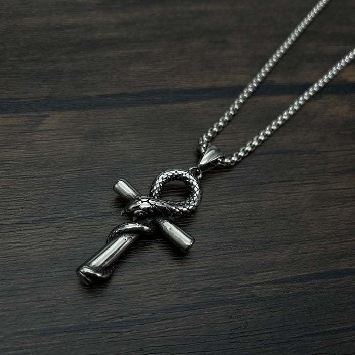 Retro trendy design mamba snake cross pendant personalized hip hop stainless steel necklace