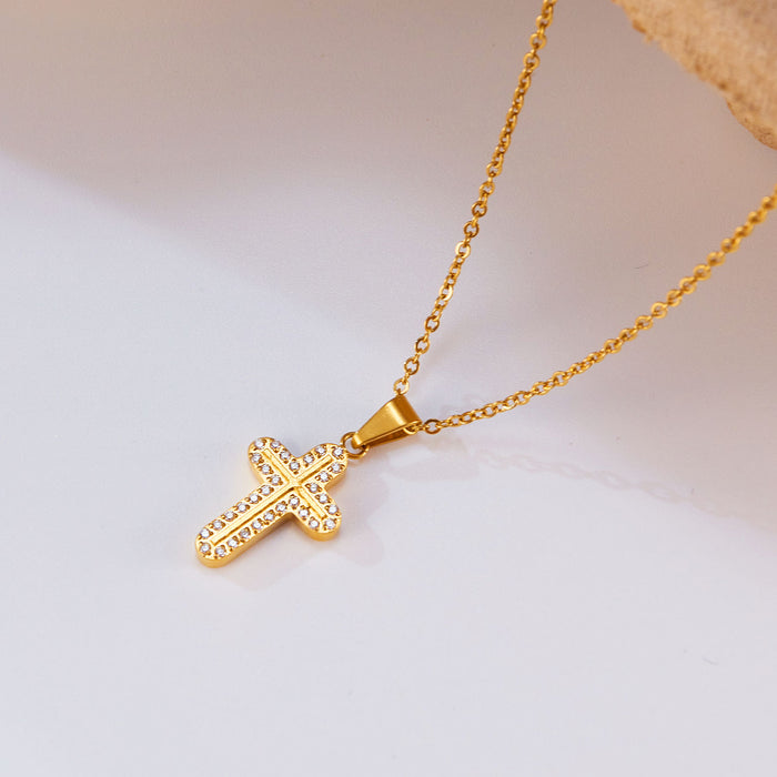 Simple new cross necklace INS style inlaid double row zircon stainless steel necklace