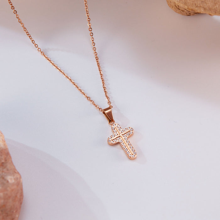Simple new cross necklace INS style inlaid double row zircon stainless steel necklace