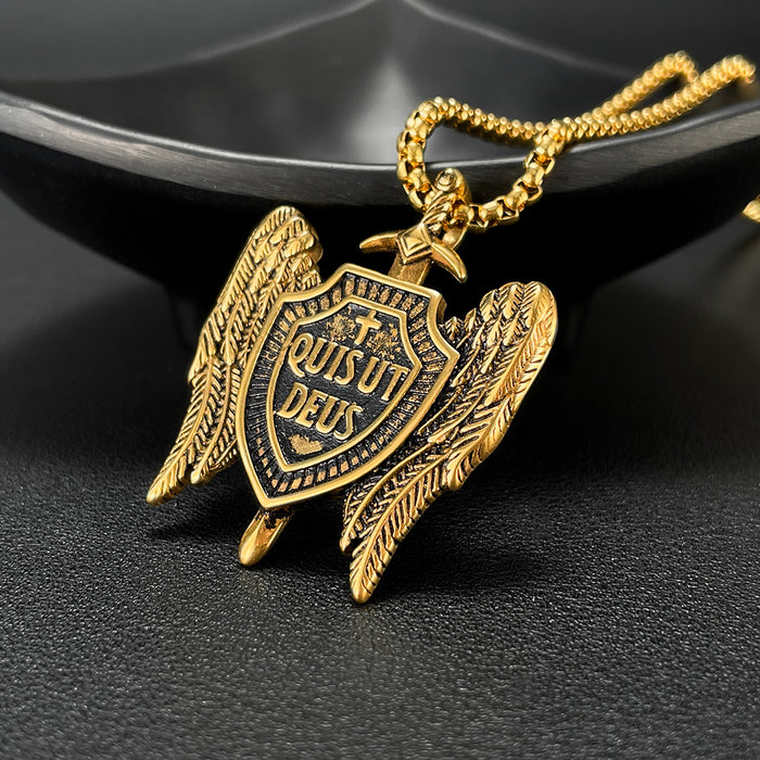 Hot selling vintage stainless steel Michael Sword Shield Pendant Angel Wings Cross Necklace