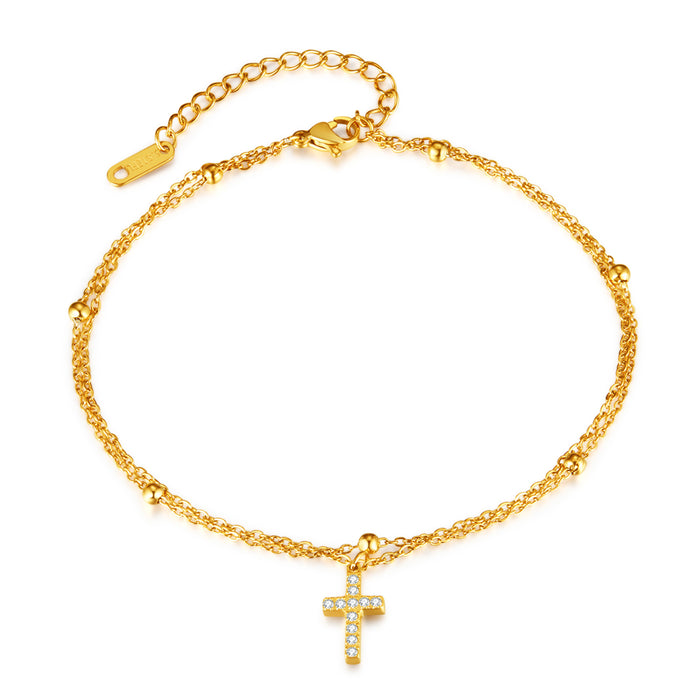 Fashionable and luxurious double layered stainless steel gold-plated cross anklet with inlay