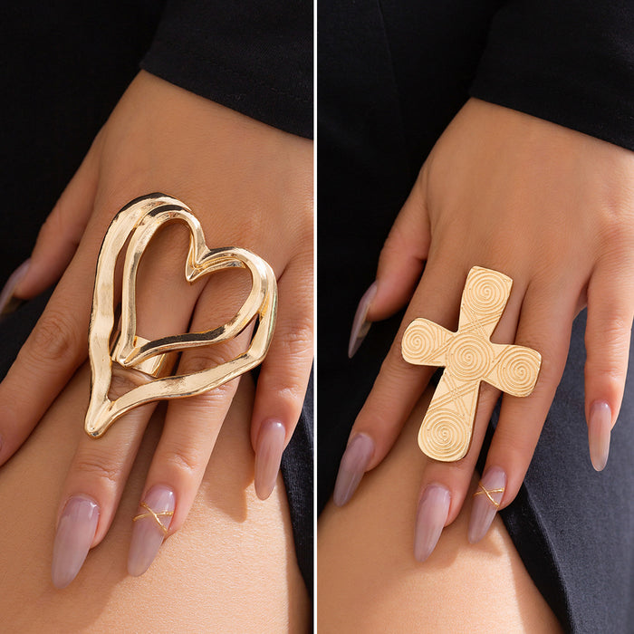 Exaggerated sweet and cool metal big love ring Fashionable pattern cross personalized ring
