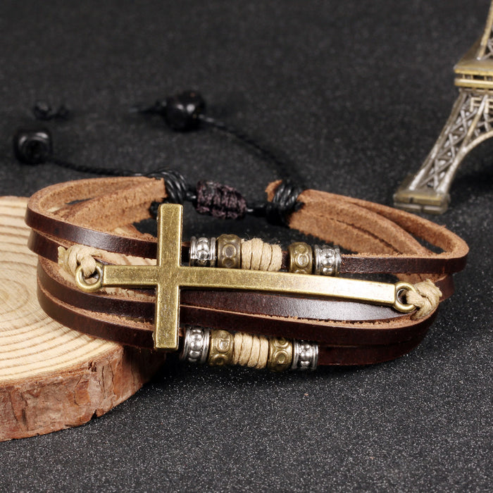 Roman Cross Beaded Leather Bracelet for Men Fashion Bracelet