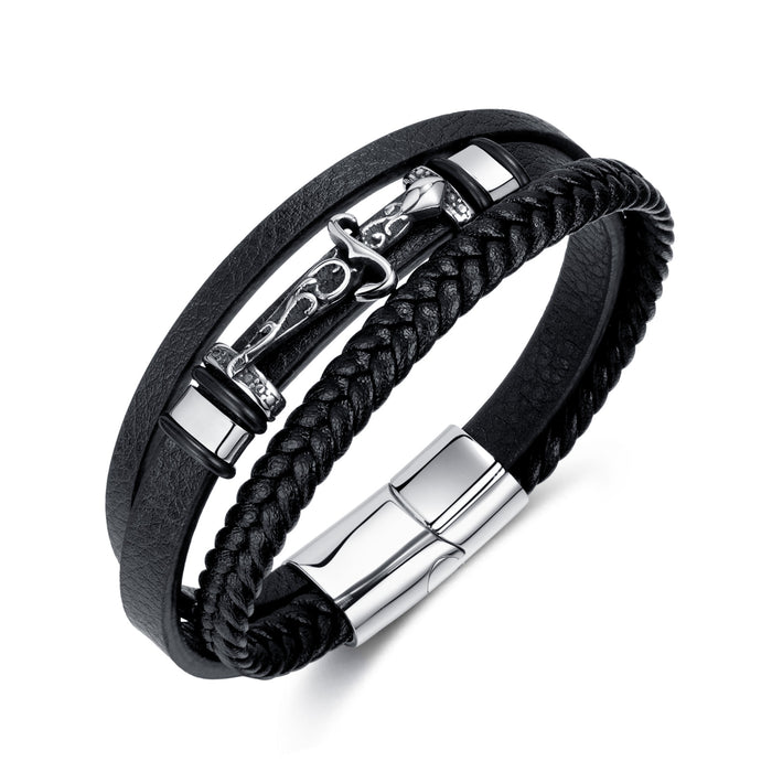 Hand-woven multi-layer retro leather bracelet, trendy men's hip-hop style stainless steel cross sword bracelet