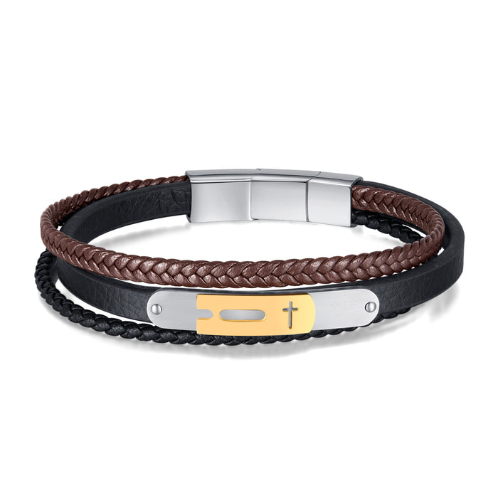Personalized titanium steel cross leather rope men's retro braided multi-layer three-section buckle bracelet