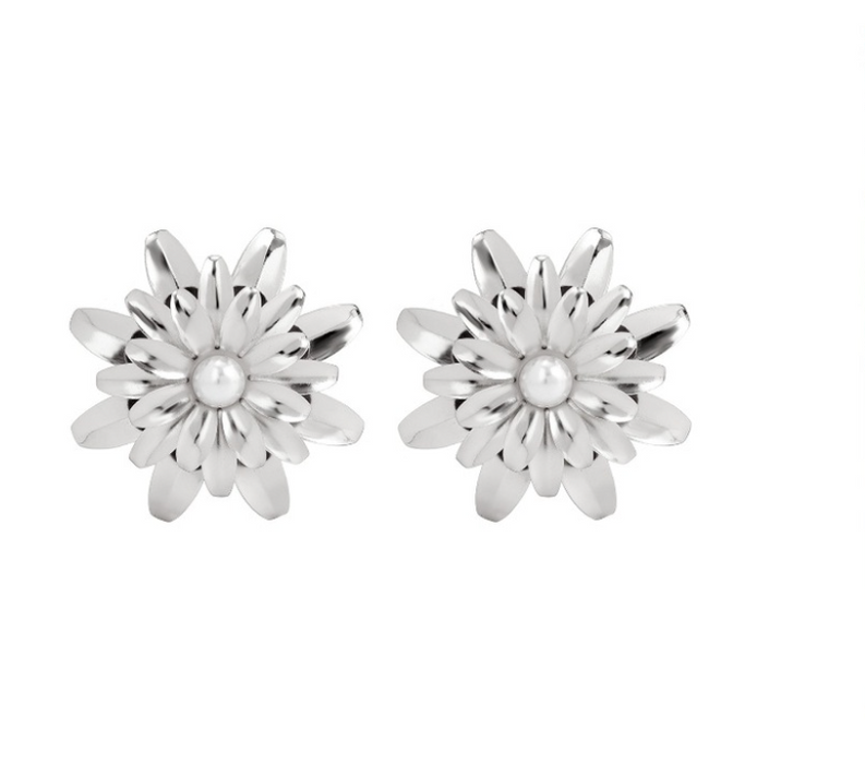 Personalized trendy chrysanthemum petal design exaggerated earrings niche retro pearl earrings