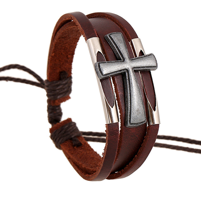 Simple Beaded multi-layer Leather Bracelet With Personalized Cross Bracelet