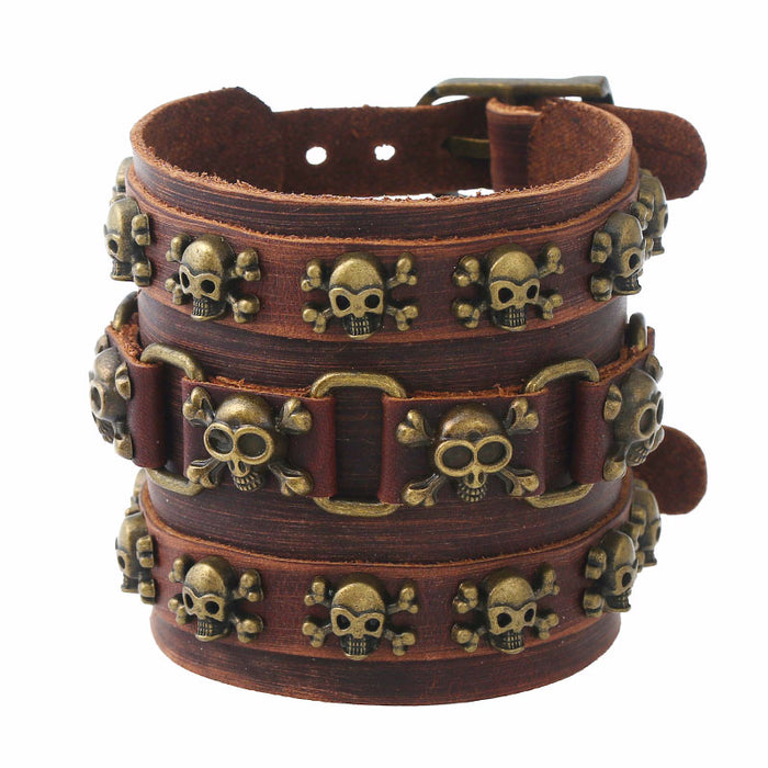 Wide Leather Punk Cowhide Bracelet Skull Bracelet