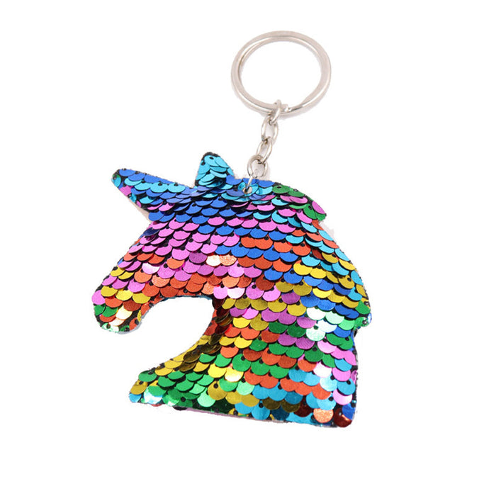 Flip Sequin Plush Rainbow Silver Unicorn Keychains For Backpack