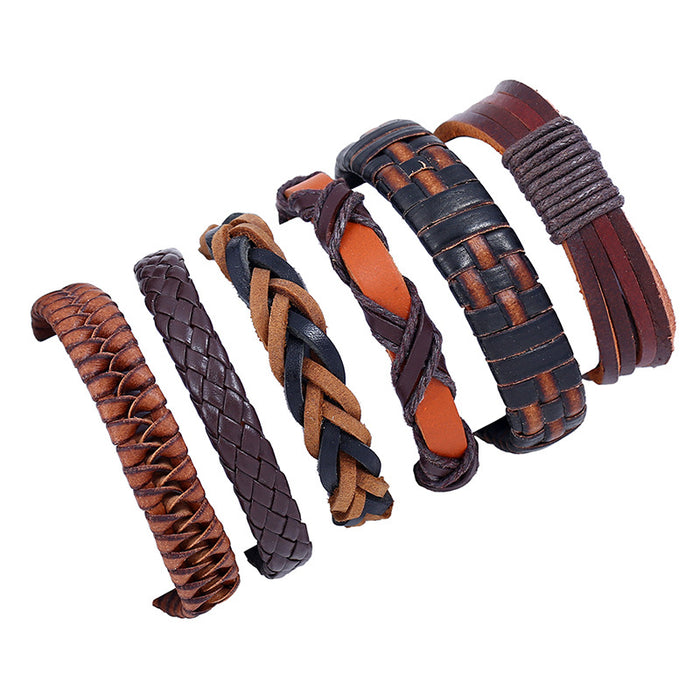 Vintage Woven Cowhide Bracelet Set Of Six Multi-layer Leather Bracelets