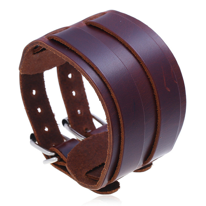 Wide Leather Double Buckle Bracelet Punk Bracelet