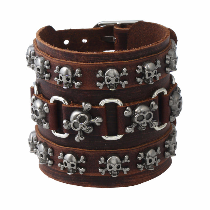 Wide Leather Punk Cowhide Bracelet Skull Bracelet