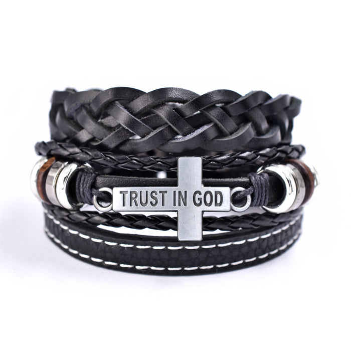 Trust In God Cross Bracelets 3pcs/set Wristband Fashion Rope Wrap Cuff Bangle Leather Bracelets