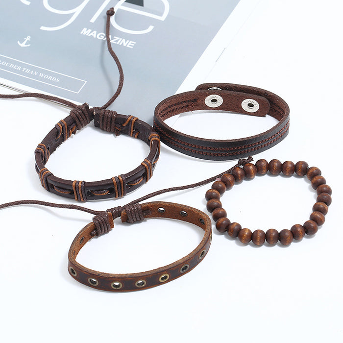 Cowhide Set Bracelet Hand Woven Vintage Leather Bracelet Hemp Rope Bracelet (One Set)