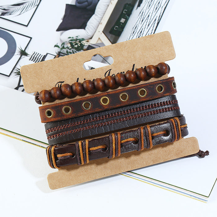Cowhide Set Bracelet Hand Woven Vintage Leather Bracelet Hemp Rope Bracelet (One Set)