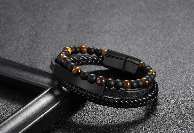 Natural Stone Genuine Leather Braided Black Stainless Steel Magnetic Clasp Bangles