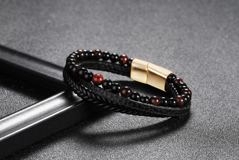 Natural Stone Genuine Leather Braided Black Stainless Steel Magnetic Clasp Bangles