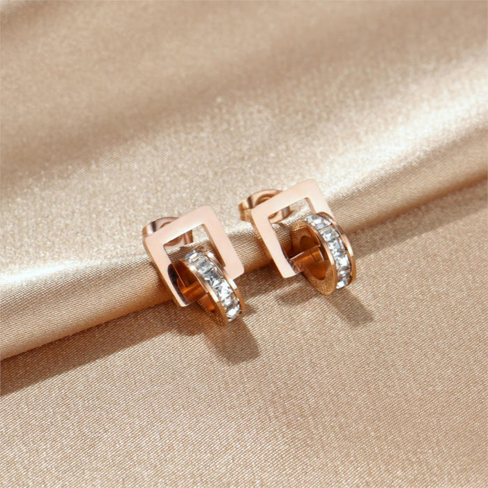 Women Geometry Square Round Crystal Stud Earrings Rose Gold Korean Charm Fashion Jewelry
