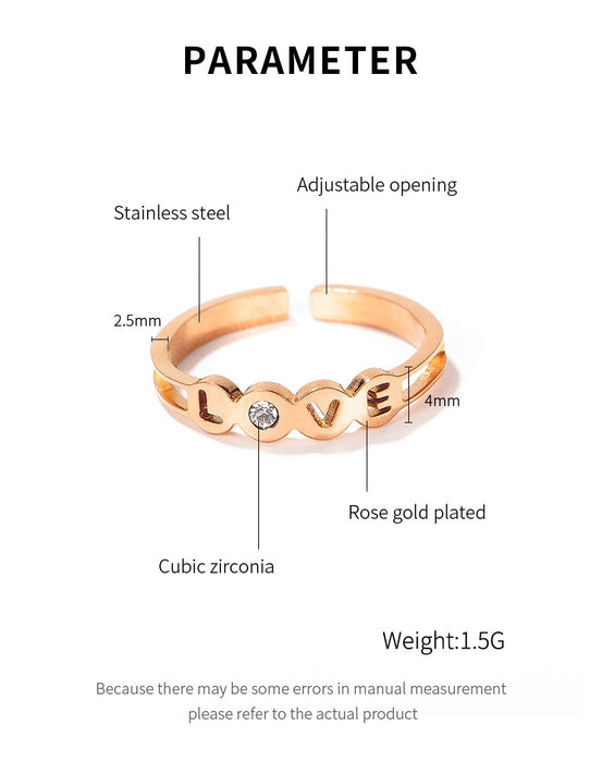 Women Rings LOVE Open Cuff Design Ring Band Rose Gold Stiainless Steel Girlfriend Romantic Style Ring Wedding Party