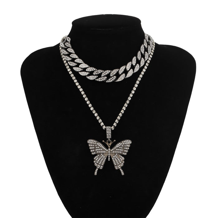 Iced Out Cuban Link Butterfly Pendant Necklace- Women's Hip Hop Jewelry Set
