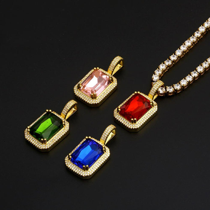 Iced Out Bling Gem Stones Pendant Necklace- Hip Hop Jewelry