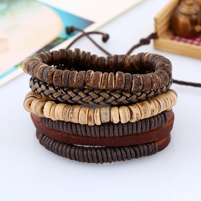 Braided Cowhide Bracelet Coconut Shell Bracelet Men's Hemp Rope Leather Bracelet (One Set)