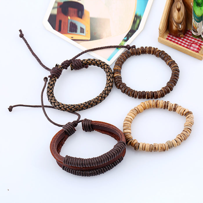 Simple Retro Woven Cowhide Bracelet Coconut Shell Bracelet (One Set)