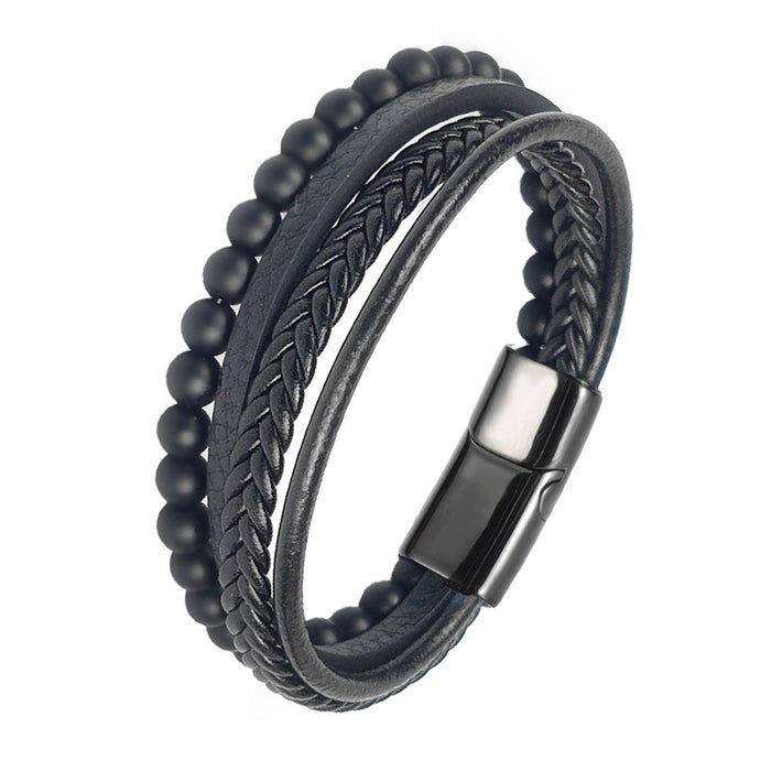 Simple Punk Style Stainless Steel Multilayer Black Frosted Beads Black Braided Magnet Beaded Bracelet