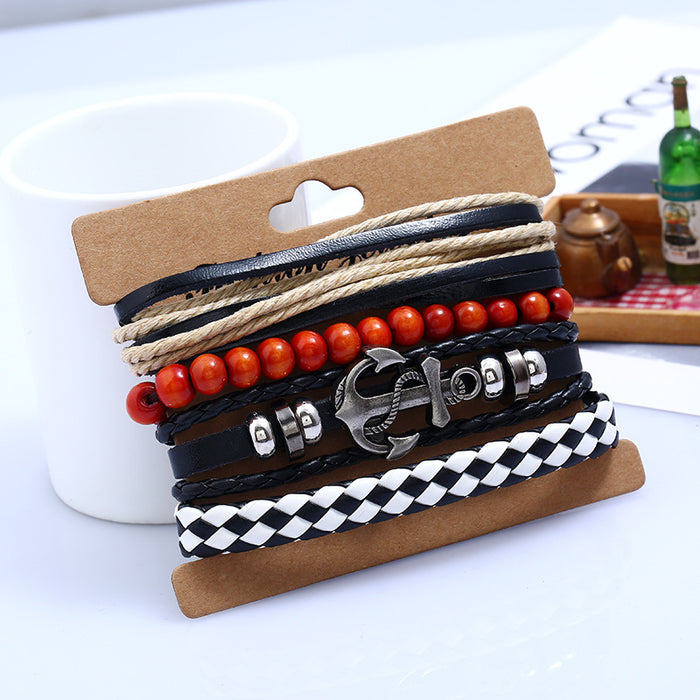 Hand Woven Cowhide Bracelet Set Anchor Leather Bracelet (One Set)