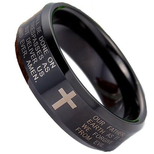 Men Women 8mm Tungsten Carbide Black Ring Engraved English Bible Lords Prayer Cross Band Ring For Her Him - InnovatoDesign