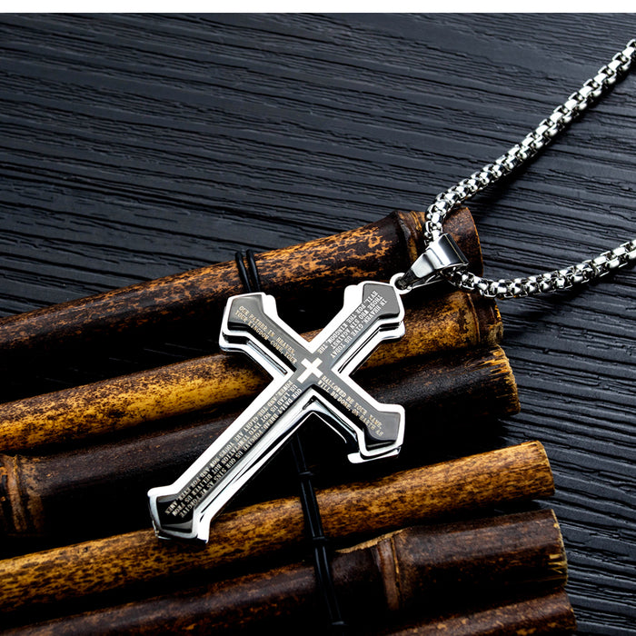 Titanium steel three-layer bible cross men's necklace