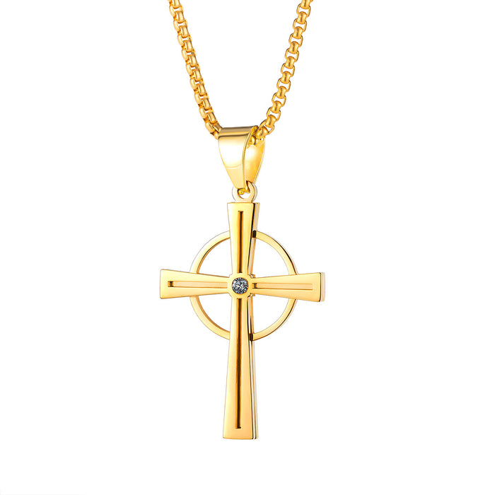 Hip-hop Vintage Religious Circle Cross Pendant Christian Stainless Steel Necklace